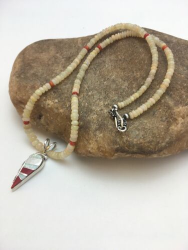 Native American Opal & Coral Beads Inlay Necklace | Sterling Silver | 8911