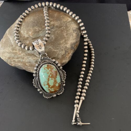Navajo Pearls Sterling Silver Necklace with Blue Turquoise #8 Pendant | Authentic Native American Handmade | 11298