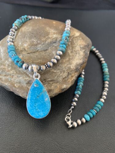 Womens Navajo Pearl Sterling Blue Kingman Turquoise Necklace Pendant 11743