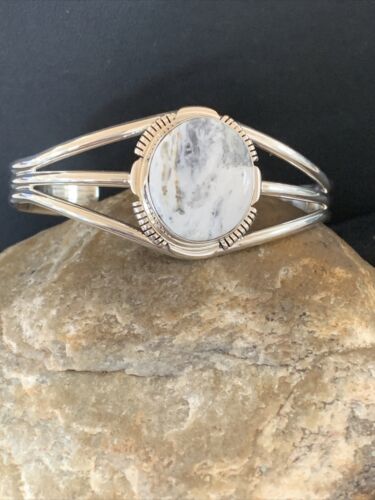 Navajo White Buffalo Turquoise Cuff Bracelet | Sterling Silver | Authentic Native American Handmade | 1390