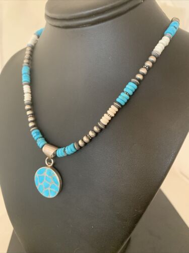 Southwestern Zuni Turquoise Necklace | Sterling Silver Inlay Pendant | Authentic Native American Handmade | 2089