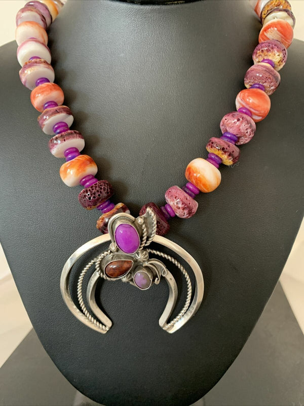 Navajo Purple Red Spiny Sugilite Necklace | Authentic Native American Sterling Silver | Naja Pendant | 00911
