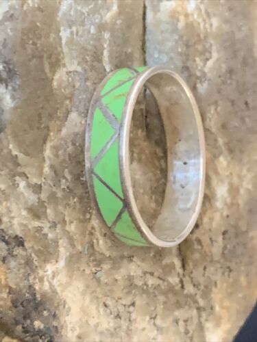 Navajo Men's Band Ring | Sterling Silver Green Gaspeite Inlay | Sz 12 | Authentic Native American Handmade | 12462