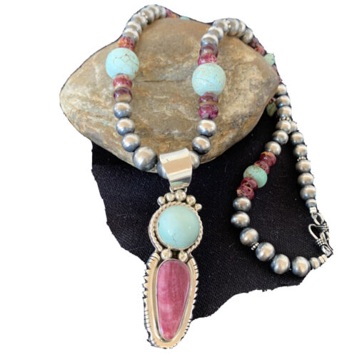 Navajo Pearls Turquoise Spiny Oyster Pendant Necklace | Sterling Silver | Native American Handmade | 1688