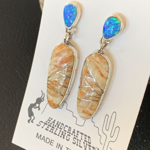 Navajo Snake Swirl Earrings | Orange Spiny Oyster Opal Inlay | Sterling Silver | Native American Handmade | 12022