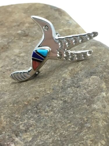 Turquoise, Lapis & Coral Hummingbird Inlay Pin | Navajo Sterling Silver | Authentic Native American Jewelry | 2900