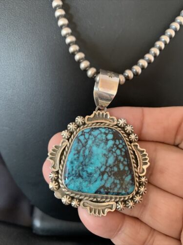 Navajo Blue Spiderweb Turquoise Pendant | Sterling Silver | Authentic Native American Handmade | 10232