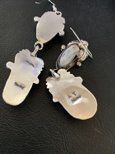 Navajo White Buffalo Turquoise Dangle Earrings | Sterling Silver | 2.5" | Authentic Native American Handmade | 12154