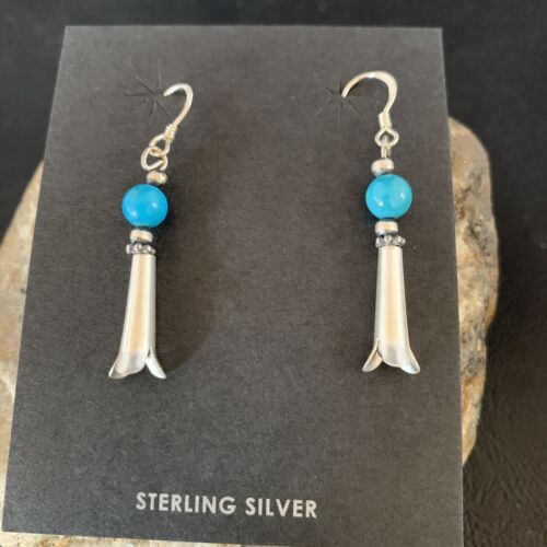 Women's Squash Blossom Dangle Earrings | Sterling Silver Blue Turquoise | 1.25" | 13019