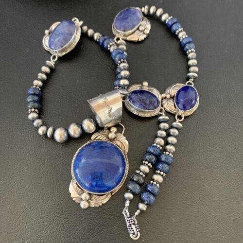 Navajo Pearl Sterling Silver Blue Lapis Necklace with 5 Pendants | Authentic Native American Handmade | 10864