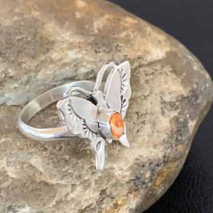 Navajo Orange Spiny Oyster Butterfly Ring | Sterling Silver | Sz Adj 8 | Authentic Native American Handmade | 10343