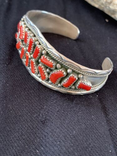 Native American Red Coral Cuff Bracelet | Navajo Sterling Silver | Authentic Handmade | 4670 - Masha USA