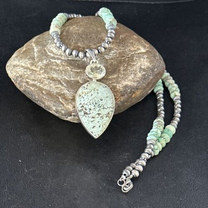 Navajo Sea Green Turquoise Pendant Necklace | Sterling Silver | 21" | Authentic Native American Handmade | 14475