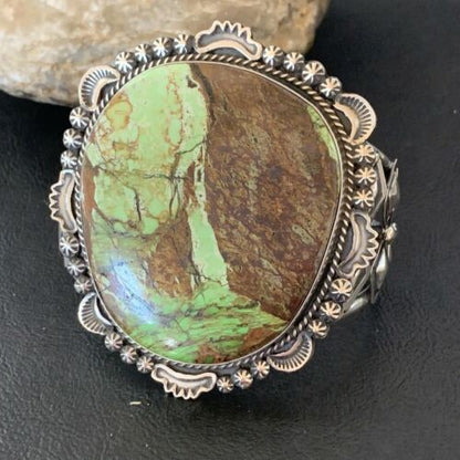 Navajo Men's Bracelet | Sterling Silver Green Gaspeite | Authentic Native American Handmade | 2047