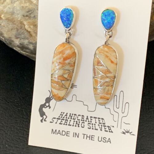 Navajo Snake Swirl Earrings | Orange Spiny Oyster Opal Inlay | Sterling Silver | Native American Handmade | 12022