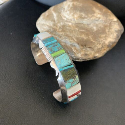 Men's Navajo Turquoise Spiny Coral Inlay Bracelet | Sterling Silver | Authentic Native American Handmade | 12693
