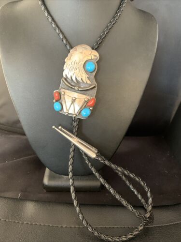 Navajo Eagle Head Bolo Tie | Men's Blue Kingman Turquoise Coral | Sterling Silver | 13670