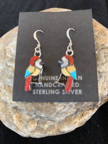 Native American Zuni Parakeet Bird Earrings | Sterling Silver Coral Turquoise | Handmade | 1713