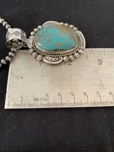 Men's Navajo Pearls Necklace Pendant | Sterling Silver | Blue Turquoise #8 | Authentic Native American Handmade | 528