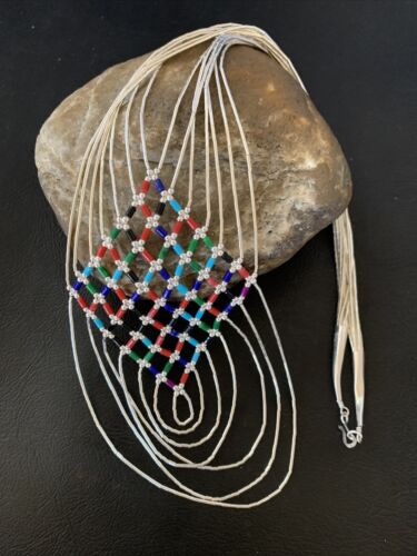 Multi-Color Liquid Silver Heishi Necklace | 7 Strand Sterling Silver Tubes | 18" | 12624