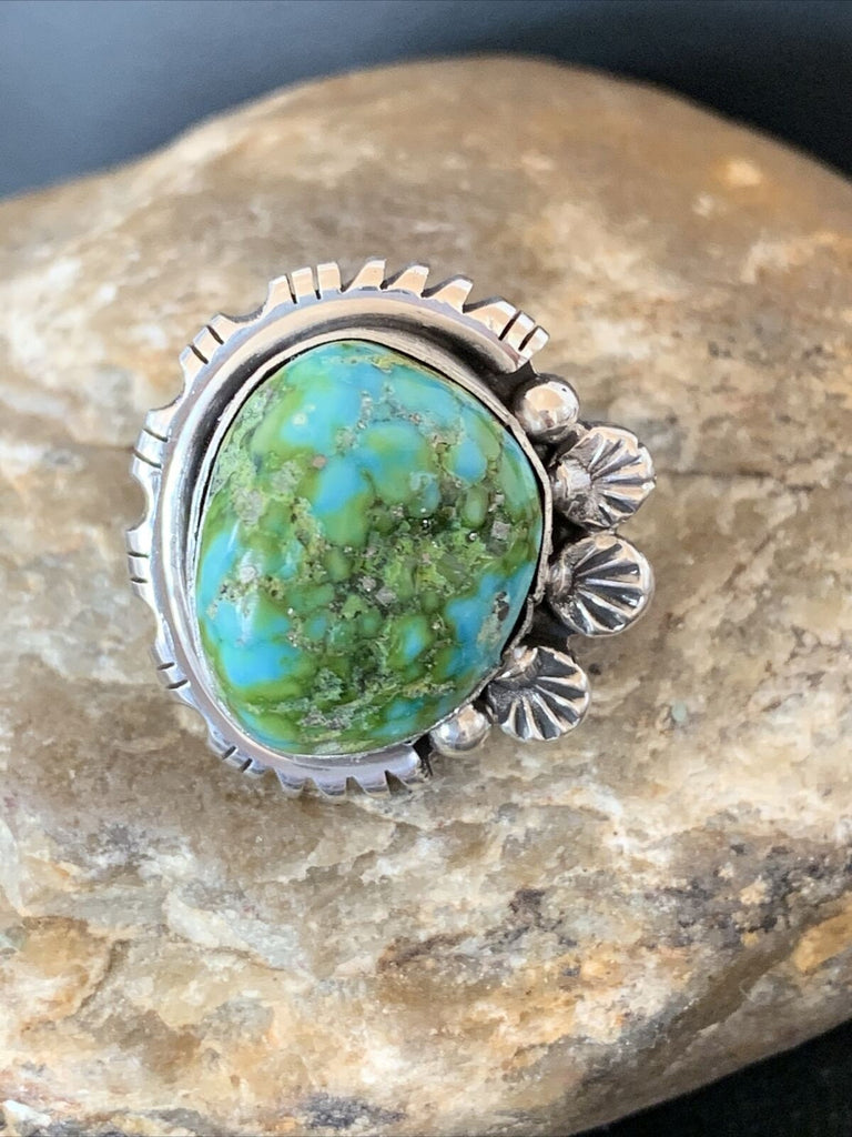WoMens Native Am Navajo Sterling Silver Green Sonoran Turquoise Ring Sz9.5 10422