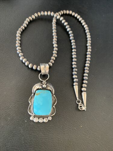 Men's Navajo Pearls Sterling Silver Necklace | Blue Kingman Turquoise Pendant | 12967