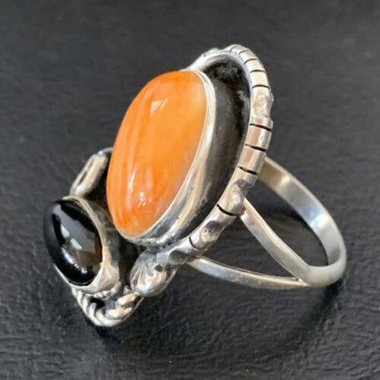 Navajo Black Onyx Orange Spiny Oyster Multi-Stone Ring | Authentic Native American Sterling Silver | Sz 11 | 02168
