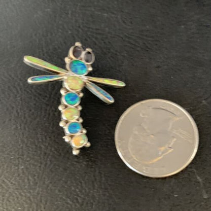 Zuni White Blue Opal Inlay Dragonfly Necklace Pin Pendant | Sterling Silver | 13683