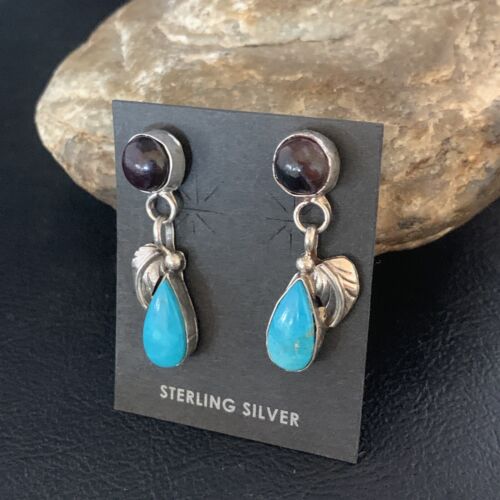 Navajo Sterling Silver Dangle Earrings | Purple Sugilite & Blue Turquoise | Leaf Design | 13446