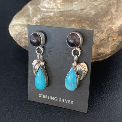 Navajo Sterling Silver Dangle Earrings | Purple Sugilite & Blue Turquoise | Leaf Design | 13446