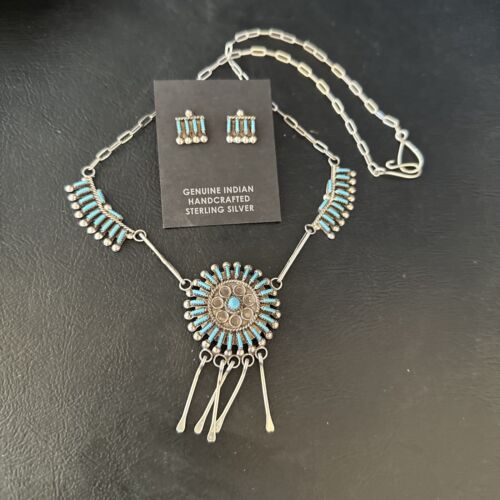 Zuni Kingman Turquoise Needle Point Necklace Pendant Earrings Set | Sterling Silver | Native American Handmade | 14488