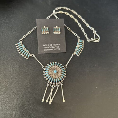 Zuni Kingman Turquoise Needle Point Necklace Pendant Earrings Set | Sterling Silver | Native American Handmade | 14488
