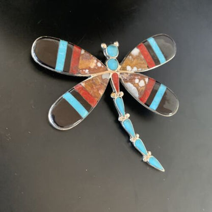 Zuni Wild Horse Turquoise Inlay Dragonfly Pin Pendant | Sterling Silver | 2077