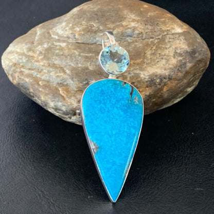 Navajo Blue Topaz Turquoise Pendant | Sterling Silver | 3" | Authentic Native American Handmade | 10709