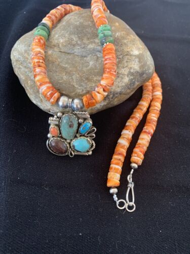 Navajo Green Turquoise and Spiny Bead Pendant Necklace | Sterling Silver | Authentic Native American Handmade | 00575