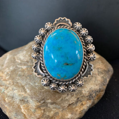Navajo Blue Kingman Turquoise Ring | Sterling Silver | Sz 9.5 | Authentic Native American Handmade | 01644