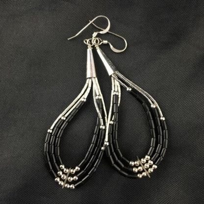 Handmade Liquid Sterling Silver Heishi Dangle Earrings | Black Onyx Tube | 2.25" | 2017