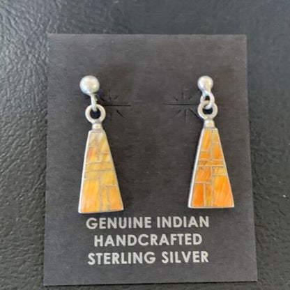 Navajo Orange Spiny Oyster Inlay Earrings | Sterling Silver | Authentic Native American Handmade | 12677