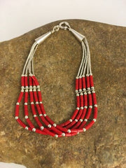 Navajo Red Stabilized Coral Heishi Sterling Silver Bracelet | 5-Strand | 7" | 13603