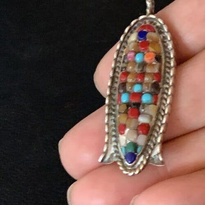 Zuni Corn Coral Mother of Pearl Turquoise Inlay Pendant | Sterling Silver | 1.75" | 13689