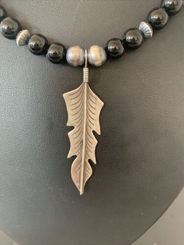 Navajo Feather Pendant | Black Onyx & Howlite | Sterling Silver Necklace | Authentic Native American Handmade | 01101