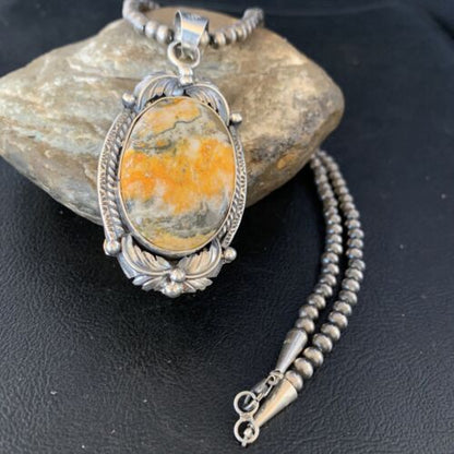 Navajo Bumblebee Jasper Pendant Necklace | Sterling Silver | Authentic Native American Handmade | 14200