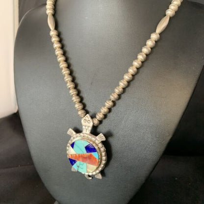 Turtle Inlay Pendant | Navajo Lapis Turquoise Sterling Necklace 24" | Handmade Southwestern Jewelry | 13680