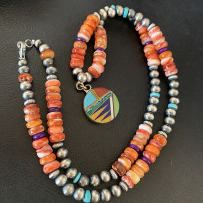 Multi-Color Turquoise & Spiny Oyster Inlay Necklace Pendant | Navajo Sterling Silver | Authentic Native American Handmade | 12721