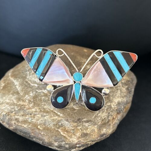 Zuni Butterfly Inlay Ring | Coral Turquoise Onyx Mother of Pearl | Sz 7 | Sterling Silver | 14437