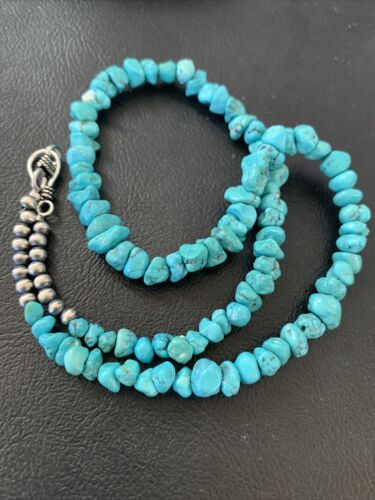 Navajo Kingman Turquoise Necklace | Sterling Silver | Authentic Native American Handmade | 18" | 1965 - Masha USA