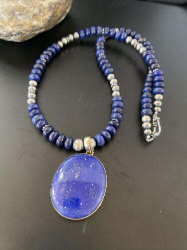 Navajo Pearls Sterling Silver Necklace with Blue Lapis Pendant | Authentic Native American Handmade | 11352