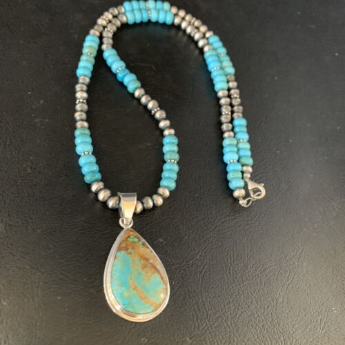 Navajo Blue Turquoise Pendant Necklace | Sterling Silver | Authentic Native American Handmade | 13828