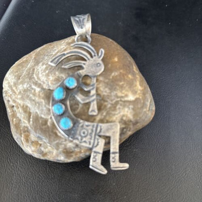 Navajo Kingman Turquoise Tufa Cast Kokopelli Pendant | Authentic Native American Sterling Silver | Multi-Stone | 14230