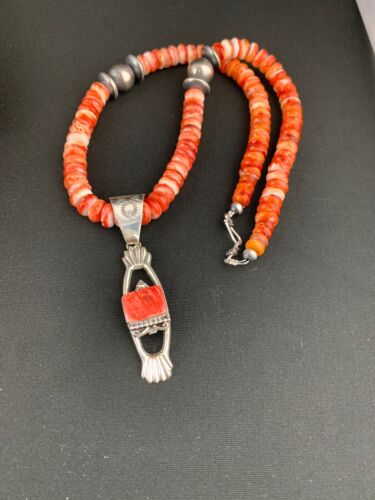 Navajo Red Spiny Oyster Pendant Necklace | Sterling Silver | Authentic Native American Handmade | 4782